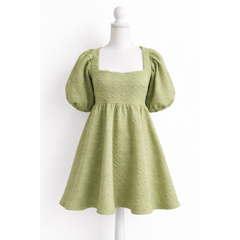 Free People Sage Textured Puff Sleeve Babydoll Mini Dress Open Back S